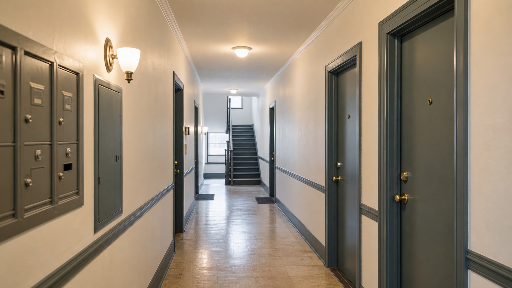 Apartment building hallway prepared for service access
