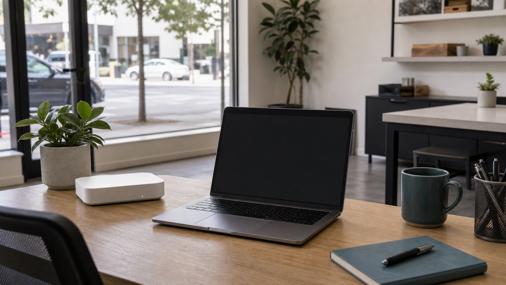 Laptop and network gateway at a street-facing business workspace